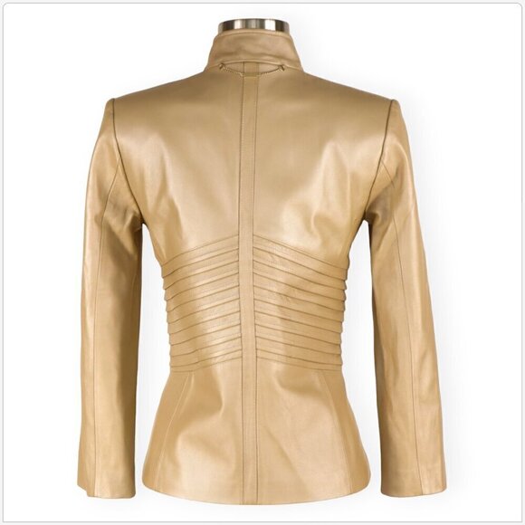 St. John Sport 100% Leather Pearl Metallic Gold Tan Zip Front Jacket P Petite - Picture 4 of 6